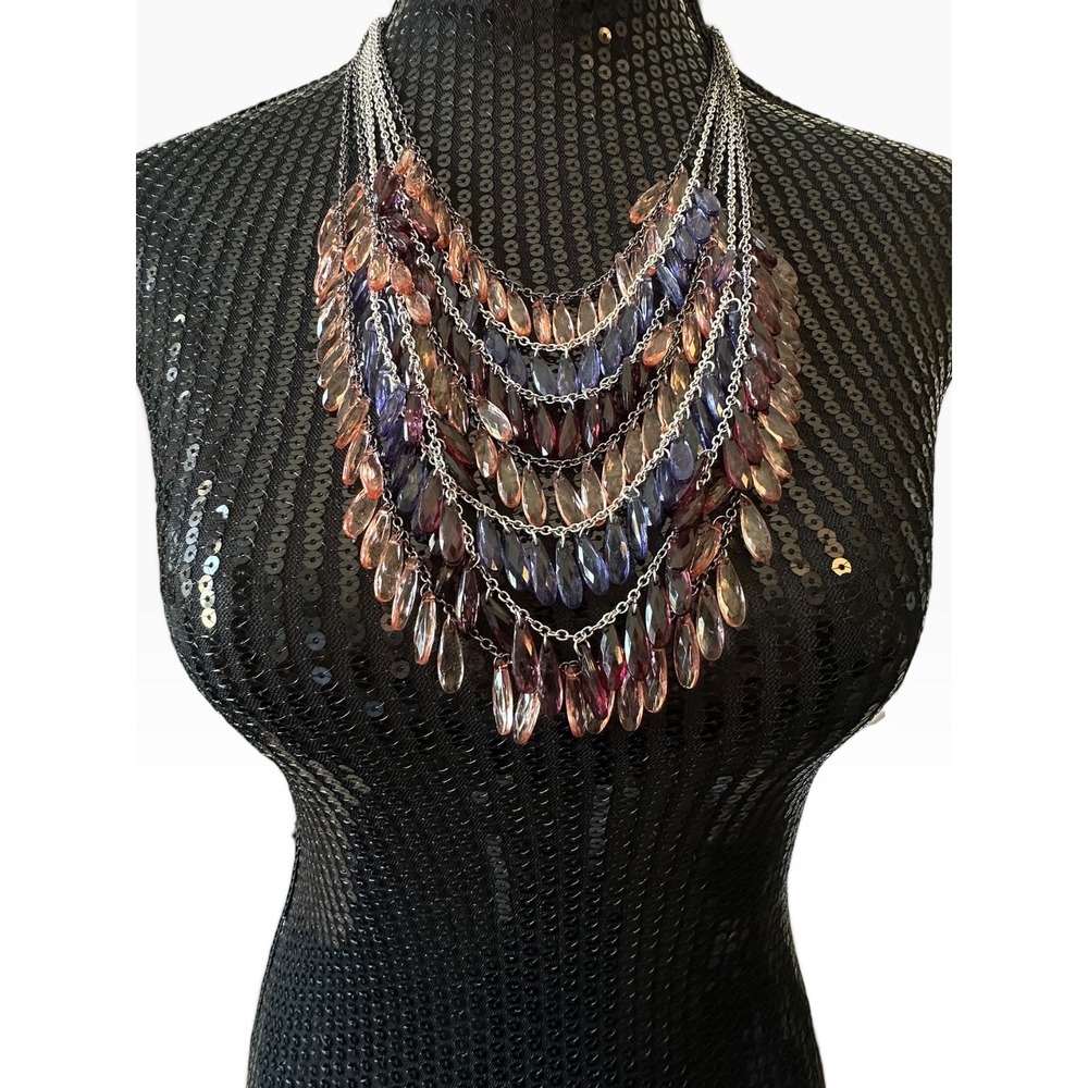 Lydell NYC Multi Strand Bib Necklace 20" Purple Amber Silver Excellent Bib